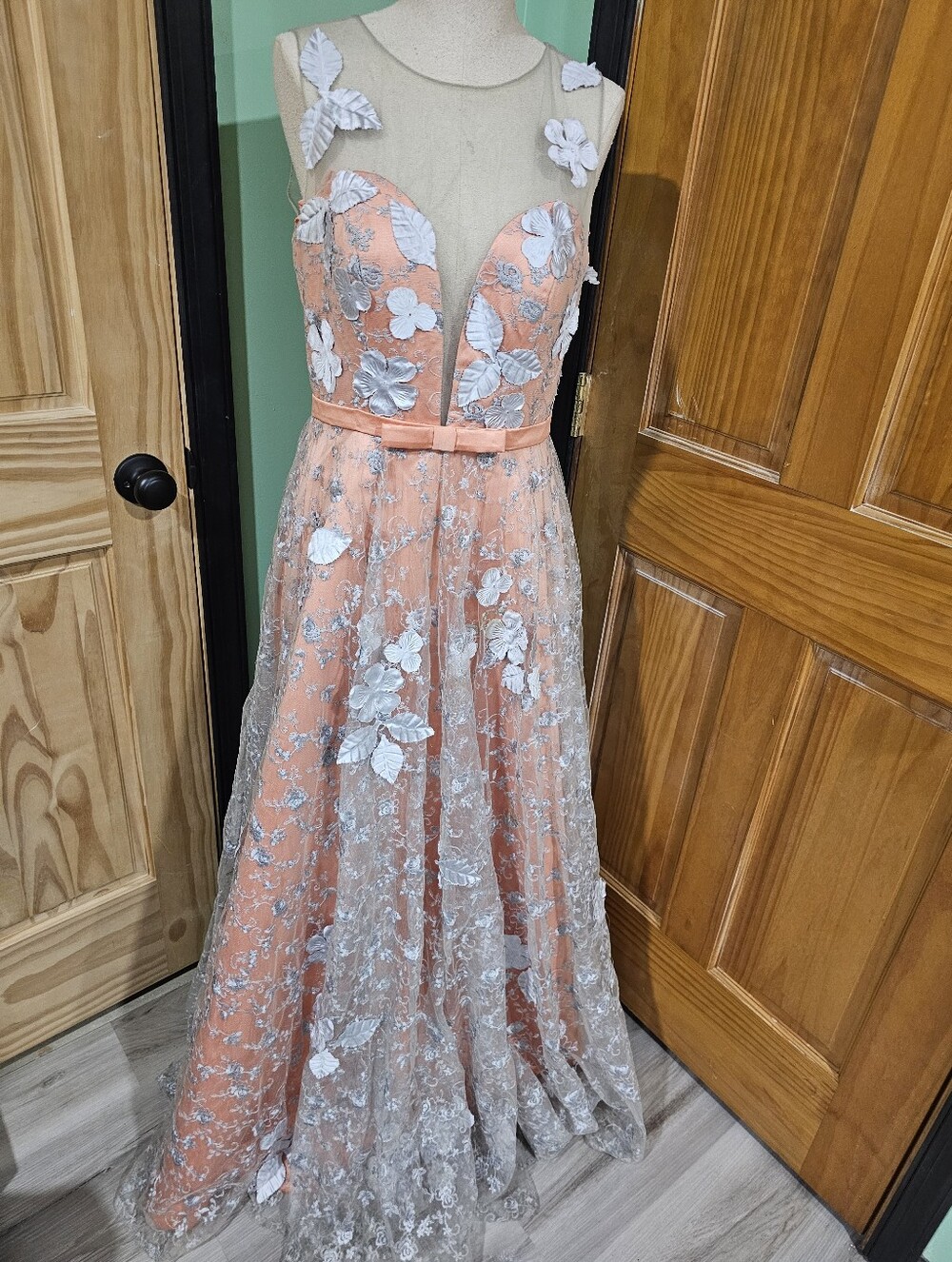 Coral Floor Length Gown With Silver Floral Lace Embellishment Overlay - Deep V
